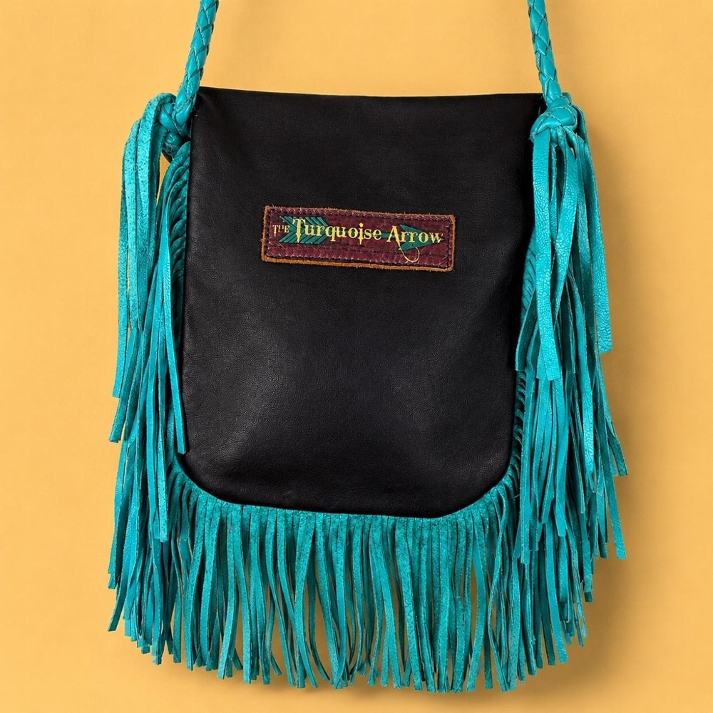 The Turquoise Arrow Black Leather Turquoise Fringe Crossbody Bag Western Boho OS